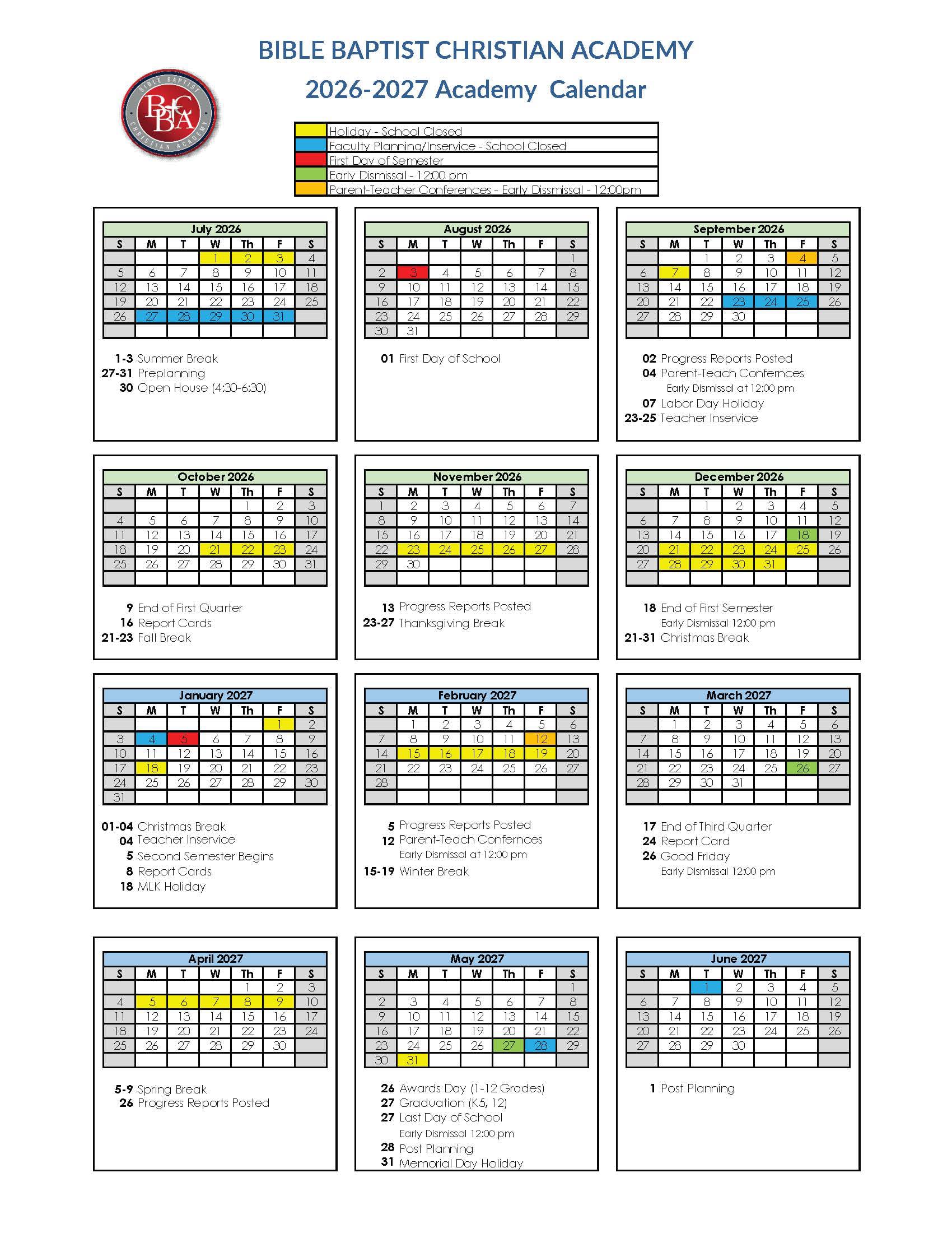 2025-26 Daycare Calendar