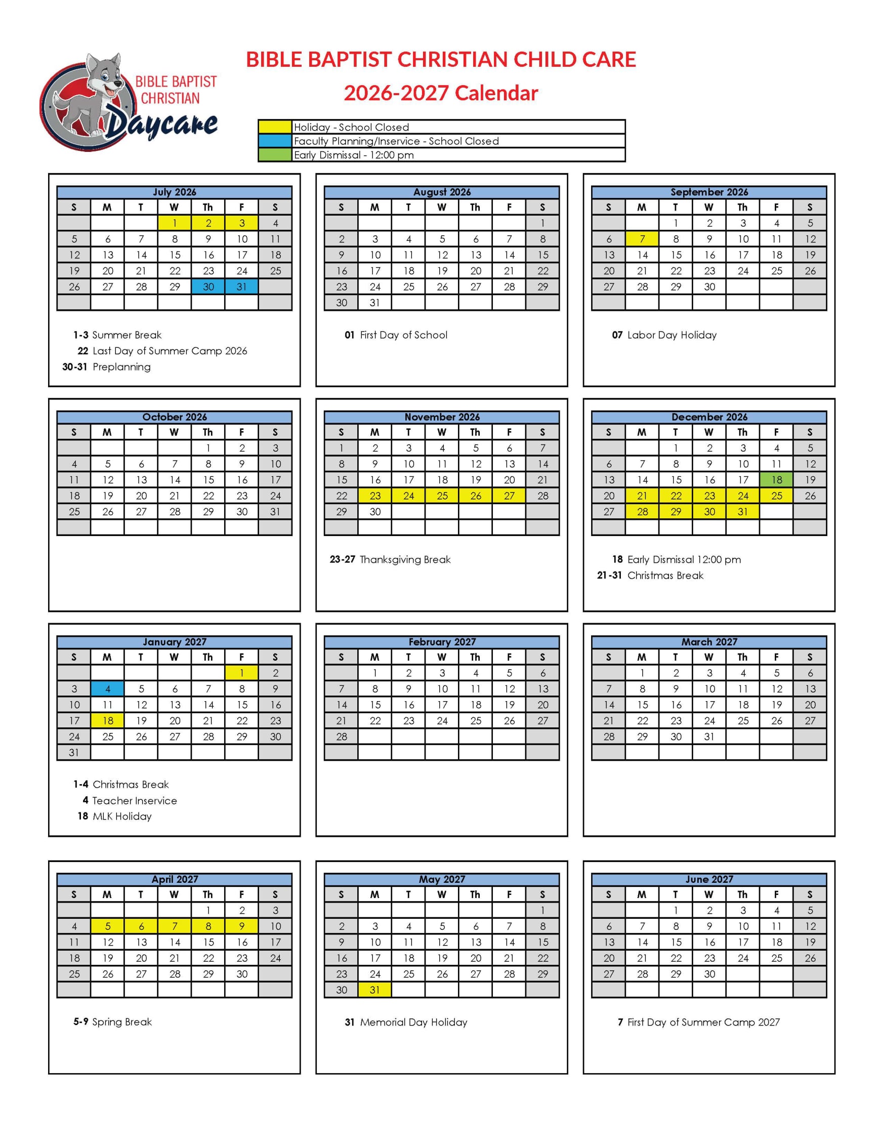 Academy School Calendar